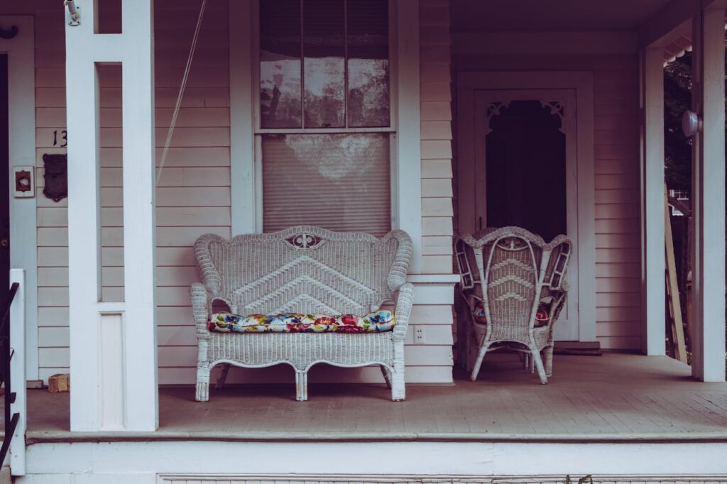 Bohemian patio with a sofa